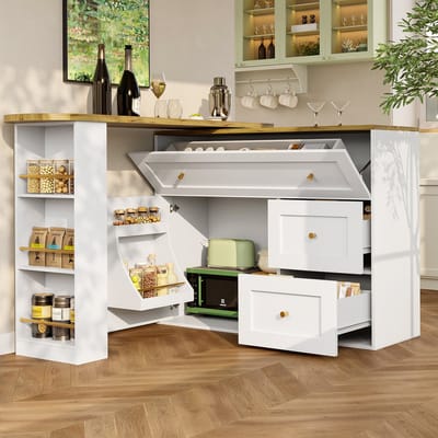 DESMIU Bartafel - Uitschuifbaar Met Opbergruimte En Draaiplateau - Voor Keuken, Woonkamer En Werkplek - Wit MDF En Metaal - 138 Tot 204 Cm