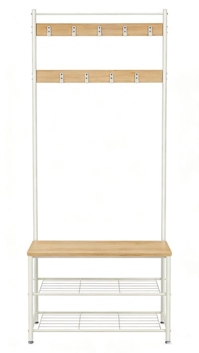 Kapstok,32 x 70 x 175cm, Wit+naturel en multifunctioneel halmeubel met schoenenbank, dubbel metalen schoenenrek en 9 afneembare haken, industrieel design, stevig metalen frame, geschikt voor gang en slaapkamer