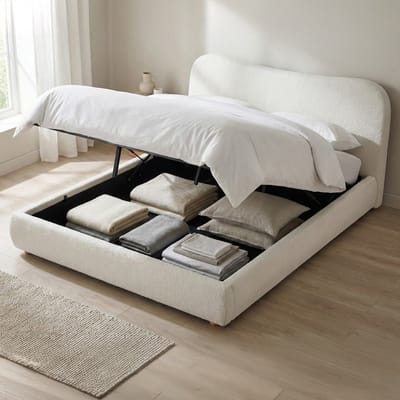 CLP Gestoffeerd bed Maido met opbergruimte - bedframe voor matrassen - lattenbodem - liftmechanisme - tweepersoonsbed met teddystof - creme