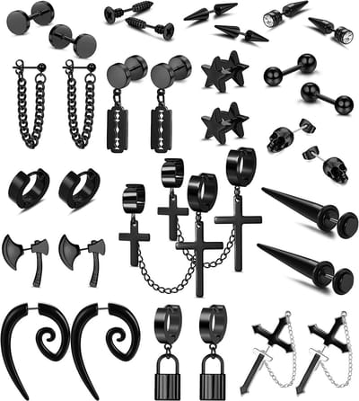 Store_7 - 16 paar zwarte punkoorbellen - Cool en emo stijl - Roestvrij staal - Schedels en kettingen - Perfect voor mannen en vrouwen - Diverse ont...