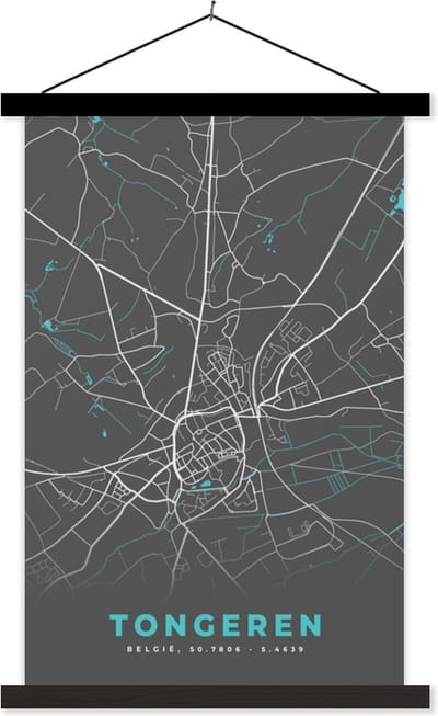 Posterhanger incl. Poster 40x60 cm - Schoolplaat - Plattegrond – Tongeren – Blauw – Stadskaart - Kaart - Textielposter - Zwarte latten - Stadskaart
