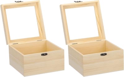 Houten opbergdoos met scharnierdeksel, onbewerkt, 2 maten, met glazen deksel, beige, set van 2 (20 x 18 x 10 cm) voor speelgoed, sieraden en accessoires