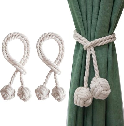 Gordijn Tiebacks Touw - Gordijnbanden Decoratief - Buiten Gordijnen - Dubbele Knoopbal - 104 cm Lengte - Beige