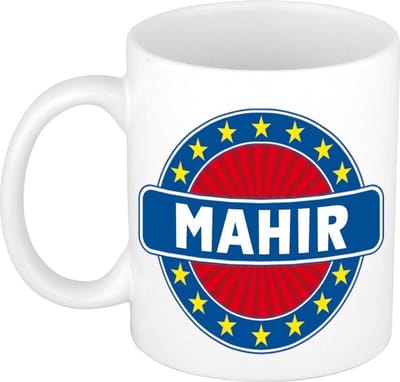 Bellatio Decorations - Mahir voornaam - koffiemok - beker - wit/blauw - 300 ml - Cadeau - Heren - Collega - Vaderdag - Verjaardag