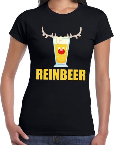 Foute Kersttrui t-shirt - Reinbeer - zwart - voor dames - drank thema - korte mouwen S