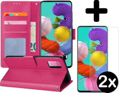 Hoesje - Met 2x Screenprotector - Geschikt voor Samsung Galaxy A51 - Luxe Pasjeshouder - Flip Case - Bookcase Portemonee - Kunstleer Book Case - Flipcase Hoes - Book Cover - Walletcase - Portemonneehoes - Telefoonhoes - Donkerroze