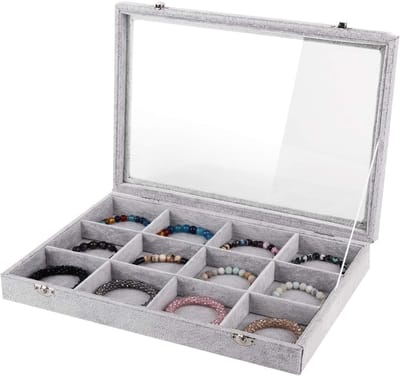 Sieradenlade met 12 roosters, deksel en slot voor kettingen, ringen, oorbellen en armbanden - grijs fluwelen organizer voor sieradenopslag