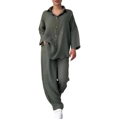 2 Stuks/Set Dames Blouse Broek Set Plus Size Revers Lange Mouwen Top Wijde Pijpen Losse Dunne Elastische Taille Broek Casual Homewear Uit M