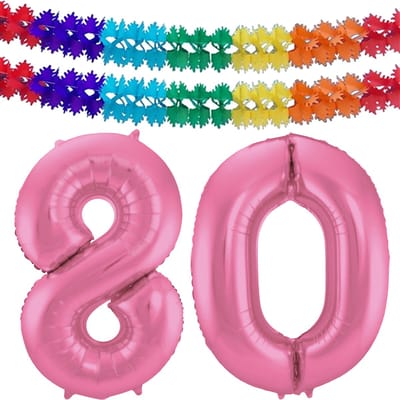 Folat Verjaardag Leeftijd folieballon - 80 jaar - roze - 86 cm - cijferballon groot - incl 2x feestslingers