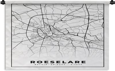 Wandkleed - Wanddoek - Zwart Wit – België – Plattegrond – Stadskaart – Kaart – Roeselare - 180x120 cm - Wandtapijt