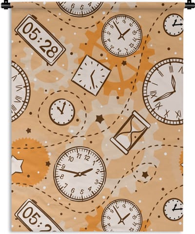 Wandkleed - Wanddoek - Patronen - Klok - Zandloper - 90x120 cm - Wandtapijt