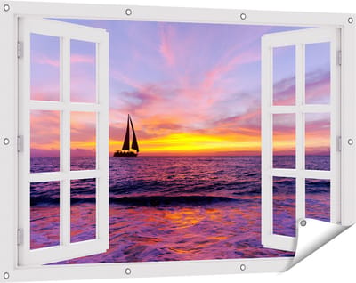 Gards Tuinposter Doorkijk Zeilboot Silhouet bij Zonsondergang - 120x80 cm - Tuindoek - Tuindecoratie - Wanddecoratie buiten - Tuinschilderij