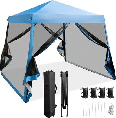 KOMFOTTEU 3 x 3 m pop-up tuinpaviljoen, van Oxford met metalen frame, in hoogte verstelbare partytent met muggennet voor zonwering, opvouwbare pagodentent met tas, voor tuin, terras, park