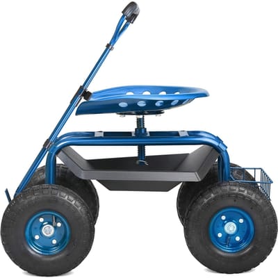 Chariot de Jardin Siège de Travail Roulant avec Roues, Tabouret de Jardinage pour Plantation, Siège Pivotant à 360 Degrés, Scooter Chariot avec Guidon de Direction & Outil Utilitaire