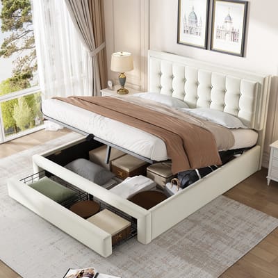 VVBV Gestoffeerd Bed met Opbergruimte 140x190 cm - Hydraulische Opbergruimte, Lattenbodem - Fluweel Beige