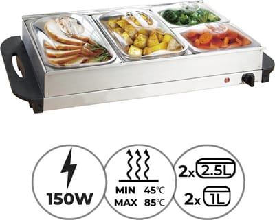 GoodVibes - Elektrische Buffetverwarmer met Verwarmingsplaat Functie - Temperatuurregelaar - Warmhoudapparaat - Voedselverwarmer - Warmhoudplaat - 2 x 2,5 Liter + 2 x 1 Liter - Roestvrij Staal / RVS