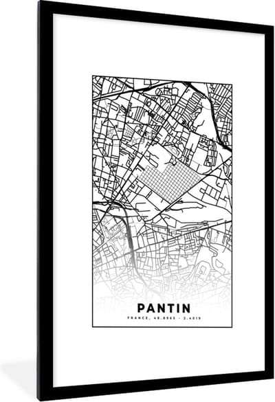 Fotolijst incl. Poster Zwart Wit- Stadskaart - Plattegrond - Pantin - Kaart - Frankrijk - Zwart wit - 60x90 cm - Posterlijst