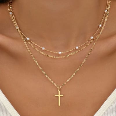 2-delige Parel Ketting met Kruis Hanger - Dames Goudkleurige Halsketting - Verstelbaar - Perfect voor Feestjes, School, Dagelijks Gebruik - Cadeautip Moederdag