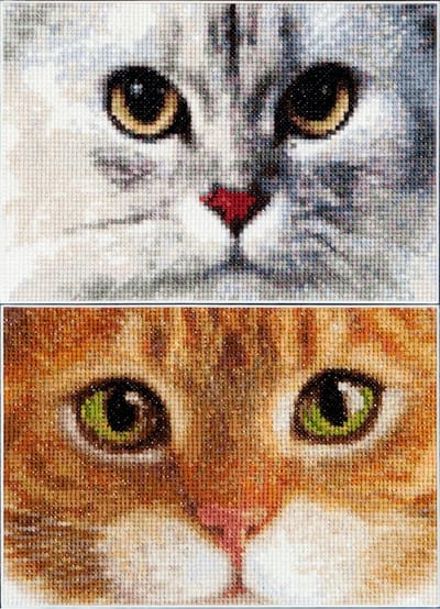 Thea Gouverneur - Borduurpakket met telpatroon - 540A - Voorgesorteerde DMC Garens - Katten Tijger + Kitty - Aida - 17 cm x 12 cm - DIY Kit