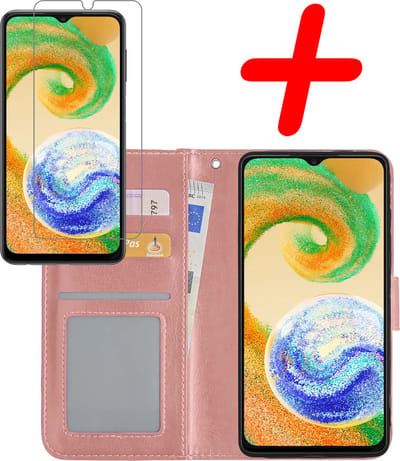 Hoesje Met Screenprotector - Geschikt voor Samsung Galaxy A04s - Luxe Pasjeshouder - Bookcase Portemonee - Flip Case - Kunstleer Book Case - Flipcase - Book Cover - Walletcase - Portemonneehoes - Rosé goud