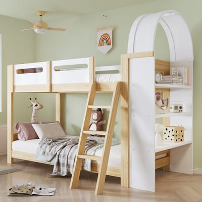 Sweiko Stapelbed - 90x200cm - 3 opbergplanken - Kinderbed - Grenenhout + MDF - Wit + Natuurlijke