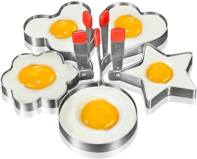 Dailygoods- Eierring 5 Stuks - Roestvrij Stalen Omeletvormen - Siliconen Handvat - Spiegeleivormen - Keukengereedschap - Innovatief Ontwerp - Omeletvorm