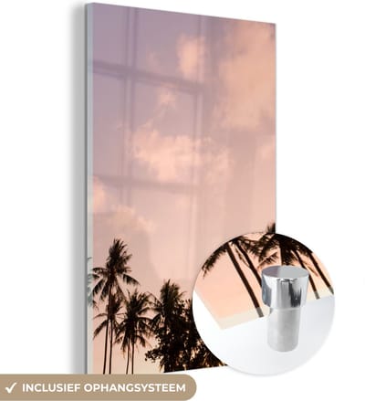 MuchoWow® Glasschilderij 120x180 cm - Schilderij acrylglas - Pastel - Lucht - Palmboom - Foto op glas - Schilderijen
