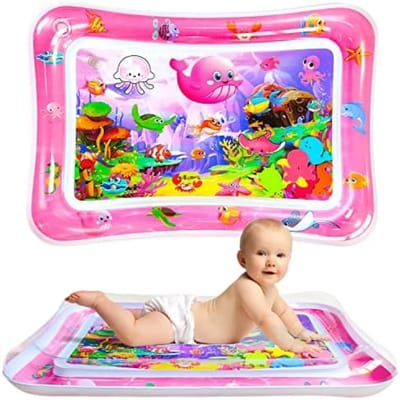 Baby Watermat, 70x50cm Opblaasbare Buiktijd Watermat met 6 Zeedieren, Veilige Waterspeelmat met Sensorisch Speelgoed voor Baby's van 3-36 Maanden, Draagbare Reisactiviteitenmat (Roze)