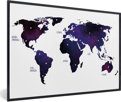 Poster in lijst - Fotolijst 120x80 cm - Posters - Wereldkaart - Paars - Sterrenhemel - Kinderen - Jongens - Meisjes - Posterlijst zwart - Decoratie - Wanddecoratie woonkamer - Muurdecoratie slaapkamer