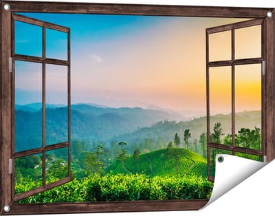 Gards Tuinposter Doorkijk Zonsondergang op een Thee Plantage - 90x60 cm - Tuindoek - Tuindecoratie - Wanddecoratie buiten - Tuinschilderij