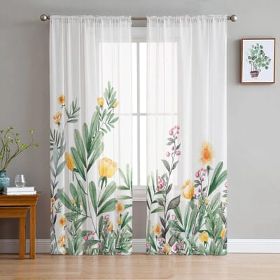 Lente Plant Bloemen Tule Gordijnen voor Woonkamer Slaapkamer Transparant Gordijn voor Balkon Hal Mode Bedrukt Huis Draperieën 135W x 114H(cm) white