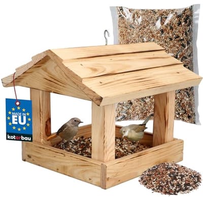 KOTARBAU® Hangend houten, 28 x 24,5 x 22 cm, Inclusief 0,5 kg Vogelfoer, Vogelvoederhuisje, Vogelvoederhuisje om op te Hangen, Voederhuis, Natuurlijk Hout