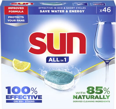 Sun All-in-1 Vaatwastabletten Citroen 46 Tabletten - Verwijdert Hardnekkig Vet - Beschermt Glas & Pannen | 46 x Dishwasher Tablets Lemon Ecolabel
