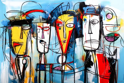 John Joseb Art (Canvas) 120x80 | 4 Gezichten, man vrouw, abstract in Herman Brood stijl, kleurrijk, felle kleuren, kunst, woonkamer slaapkamer | mens, bruin, rood, blauw, modern | Foto-Schilderij print (wanddecoratie)