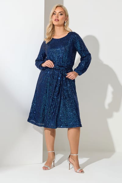 Yours London Midi Skaterjurk Met Lange Mouwen En Paillettenversiering In Blauw Size 48