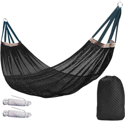 Hangmat - 260x130 cm - Inclusief opbergtas - Superzacht en ademend - Campinghangmat - Reishangmat voor kamperen - Hangmat van ijzijdegaas - Geschikt voor kamperen, buitenactiviteiten en reizen - zwart