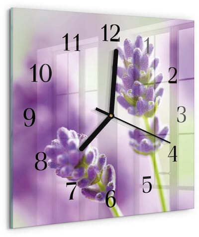 Tulup Wandklok - Lavendel Wandklok Glas Decoratie - 30x30 cm - Paars Gekleurde Glazen Klok - Zwarte Handen - Vierkante Wandklok - Glazen Klok Met Print - Wandklok Glas Met Motief