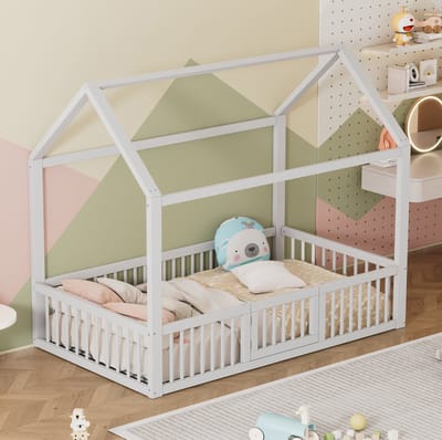 90*200 cm massief houten bed, tweepersoonsbed, plat bed, kajuitbed, kajuitbed met deur, wit