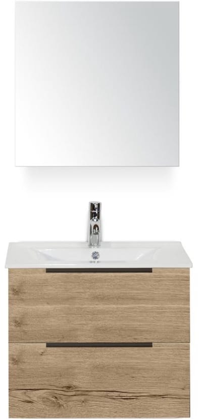 Seville Badmeubelset 60 cm - Natuur Eiken Edge Greep - Wastafel Enjoy met Spiegelkast