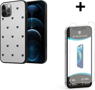 ShieldCase telefoonhoesje geschikt voor Apple iPhone 12 / 12 Pro - 6.1 inch spiegel hoesje met zwarte hartjes + glazen Screen Protector