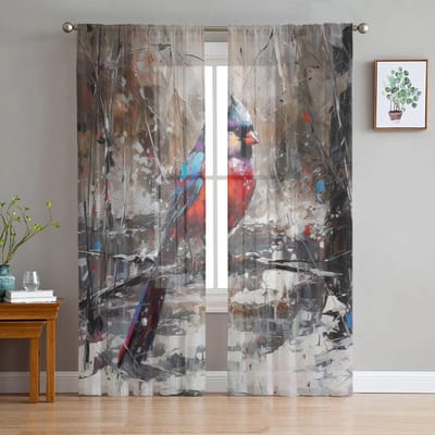 Kerst Retro Abstracte Kardinaal Vogel Slaapkamer Transparante Vitrage Vakantiedecoratie Raam Voile Tule Gordijn 135W x 114H(cm) black