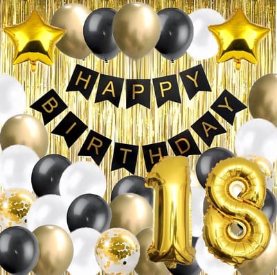 18 jaar verjaardag feest pakket | Versiering Ballonnen voor feest 18 jaar Set 57-delig| Achttien Jaar Versiering | Ballonnen slingers opblaasbare cijfers 18 Ballondecoratieset voor een 18e verjaardag, gordijn, zwart-goud