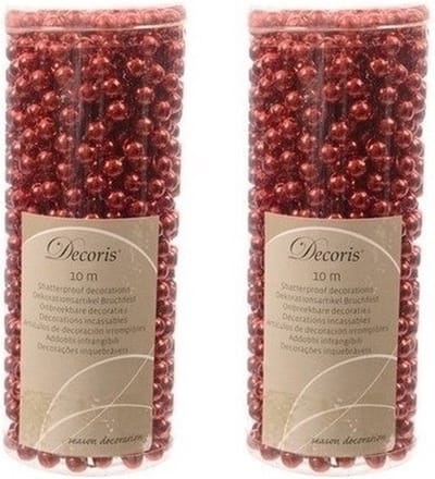 Decoris kralenslinger - 2x - rood - 10 meter - kunststof - kerstslinger - kerstversiering