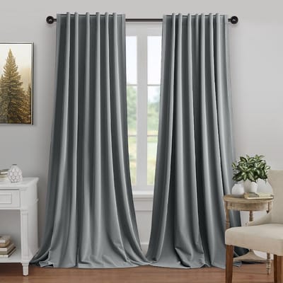 MUPOO Hotelkwaliteit Luxe Velours verduisterend Gordijnen Kant en Klaar 2 Stuks -Zware kwaliteit 260 GSM-Isolerend & tegen kou -Tochtwerend - 3-in-1 ophangsysteem-Woonkamer &Slaapkamer - Grijs - 132x274 cm