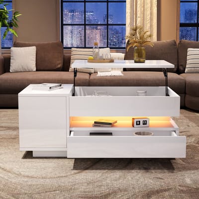 Wishdor Salontafel 95x50x34,5 cm van spaanplaat met hoogglans, verstelbaar met LED en verborgen opbergruimte