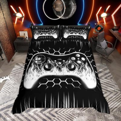Homewish Ensemble Housse de Couette pour Garçons Gamer Gaming Lumières Néon Nid d'Abeille Literie Noir Réversible Ensemble Housse de Couette 150*200cm 3pcs