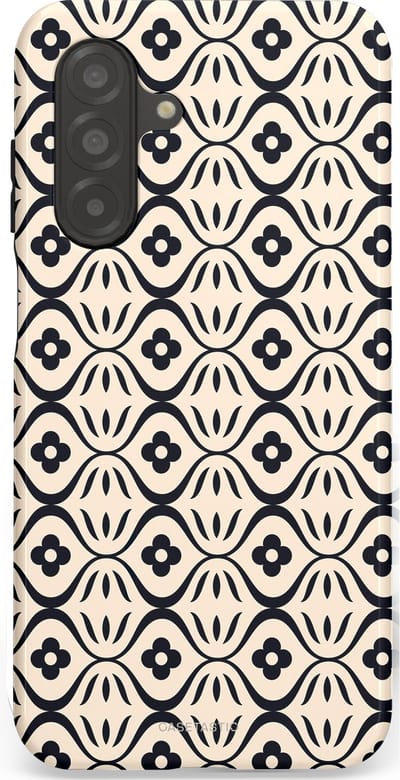 Casetastic hoesje geschikt voor Samsung Galaxy A26 - Dubbellaagse bescherming - Retro crème-zwarte bloemenprint - Fashion Case - Crème Grijs Donkergrijs