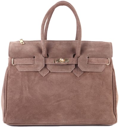 Suède Dameshandtas – Birdie - Taupe – Handtas - met Goudkleurige Details - 38 x 28 x 18 cm.