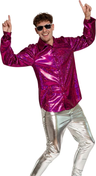 Partychimp Shiny Disco Shirt Fuchsia voor Heren Carnavalskleding Foute Party Verkleedkleding Volwassenen Heren Toppers 2026- Disco- Shiny- Polyester - S