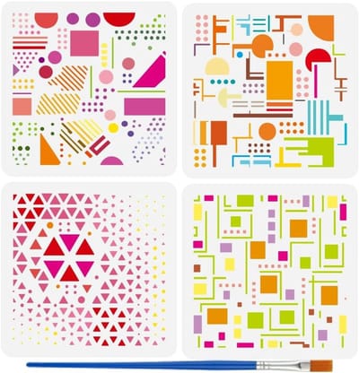 4 Stuks Geometrische Schilder Stencils met 1 Plastic Kwast - Decoratieve Patronen voor Hout, Stof en Muurdecoratie - Creatieve DIY Projecten voor Thuis
